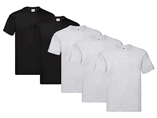 Fruit of the Loom T-shirt originale da uomo, confezione da 5, 3 grigio 2 nero + 1 blocco note, XXL