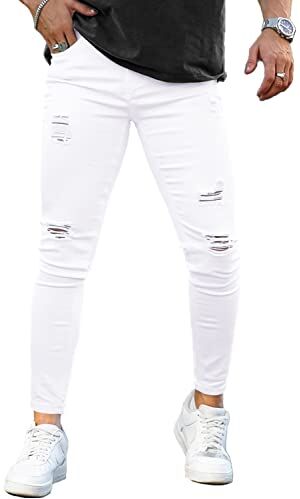 GINGTTO Jeans Strappato Bianco Uomo Pantaloni Stretch Slim Fit Denim Elastico Casual Vita Bassa Bianchi 34W/30L