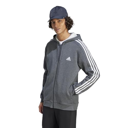 Adidas Essentials Fleece 3 Strisce Full-Zip Top con Cappuccio, Colore: Grigio Scuro, M Uomo