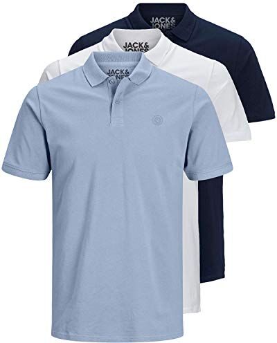 Jack & Jones Confezione da 3 polo da uomo slim fit, a maniche corte, colore nero, bianco, blu, grigio, taglie: XS, S, M, L, XL, XXL, S