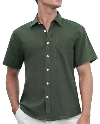 HISDERN Camicia in Lino Uomo Manica Corta Casual Army Verde Camicia Spiaggia Vacanza Viaggie Camicie con Bottoni Tasca M