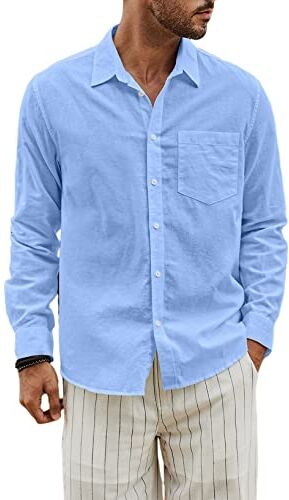 JMIERR Camicia in Lino di Cotone Uomo Maniche Lunghe Casual Camicie Western Regular Fit, Cielo Blu XL