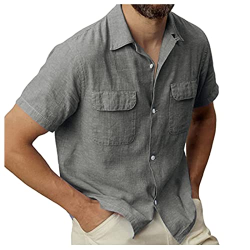 Generic Camicia da uomo a maniche corte estiva per il tempo libero, in cotone e lino, tinta unita, da lavoro, a maniche corte, Z01grigio., XL