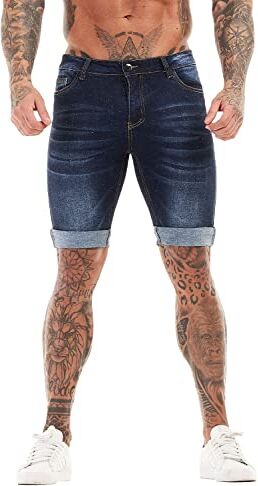 GINGTTO Pantaloncini a Jeans da Corti Uomo Estivi Casual Elasticizzati Slim Fit Men's Blu Scuro Denim Shorts 34