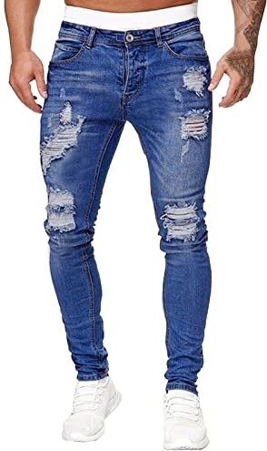 Generico Pantaloni a tinta unita in tinta unita con fori casual Pantaloni da uomo in jeans sfilacciati strappati lavati da uomo Indumenti Da Montagna