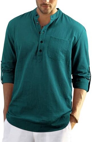 Enlision Maglietta Camicia da Uomo Estivo Camicia in Cotone Lino a Elegante Maniche Lunghe con Bottoni Casual Hawaii Slim Fit Camicia da Spiaggia Verde XL