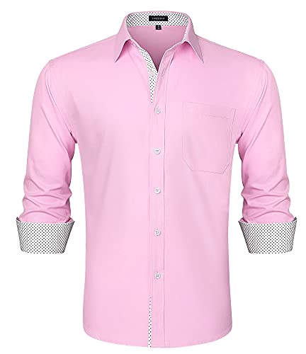 HISDERN Camicia Uomo Rosa Elegante Regular Fit Manica Lunga Camicie Casual Formale Classiche da Uomo Cerimonia Business,Rosa,S