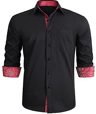 HISDERN Camicia Maniche Lunghe Uomo Slim Fit Casual Camicie Regolare Shirt Formale Camicia Nero/Rosso 3XL