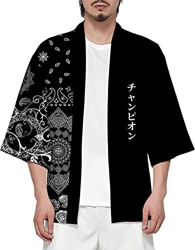 CIZEUR Camicia Kimono T Shirt Uomo Maniche 3/4 Cardigan Giacca Top Casual Camicetta Vintage Elegante Estiva Coppia, 2XL Black with White Flowers