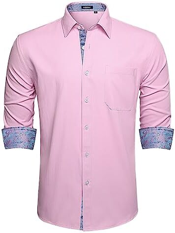 HISDERN Camicia Elegante Rosa da Uomo Camicie abbottonate a Maniche Lunghe Colletto Classico Camicie da Cerimonia concerti di Formale con Tasche 3XL