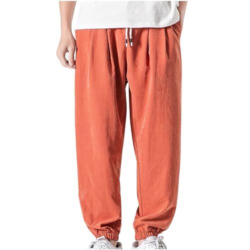 HAOLEI Pantaloni Sportivi Cargo in Tinta Unita e Lino Classico da Uomo Pantaloni Moda Spiaggia Larghi Pantaloni Estivi Taglie Forti Coulisse Pantaloni Tuta Eleganti Elasticizzati Pantaloni Lino con Tasche