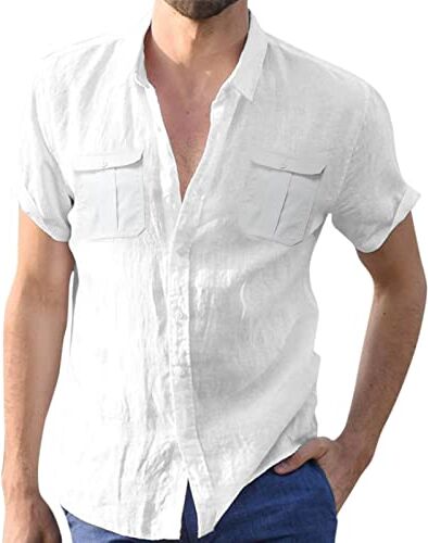 Generic Camicia da uomo a maniche corte estiva per il tempo libero, in cotone e lino, tinta unita, da lavoro, a maniche corte, Z04 bianco, L