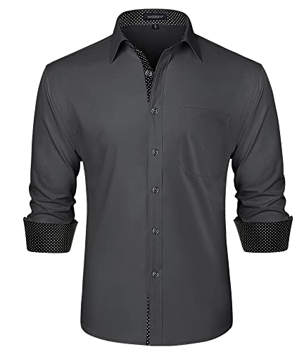 HISDERN Camicia Grigia Uomo Elegante Regular Fit Manica Lunga Camicie Casual Formale Classiche da Uomo Cerimonia Business,Grigio,XL