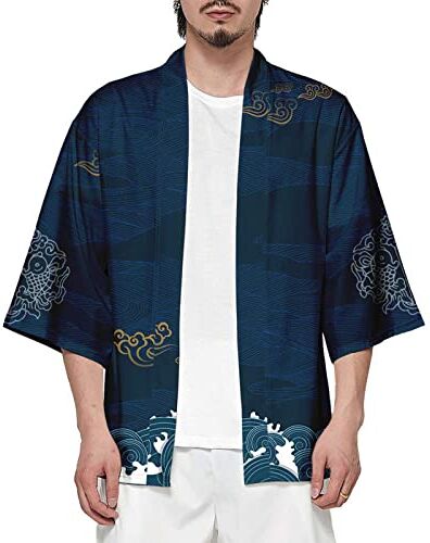 CIZEUR Camicia Kimono T Shirt Uomo Maniche 3/4 Cardigan Giacca Top Casual Camicetta Vintage Elegante Estiva Coppia, S backCrane