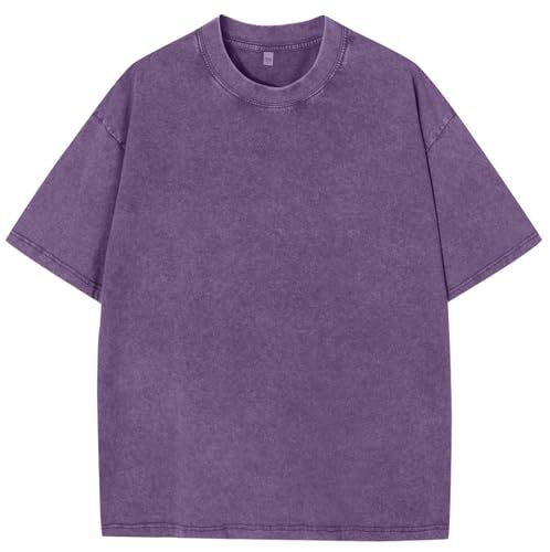 PADOLA T Shirt Uomo Cotone Maglietta Uomo Manica Corta Vintage Lavato Oversized Streetwear Camicia T Shirt Semplice(4 Viola,L)
