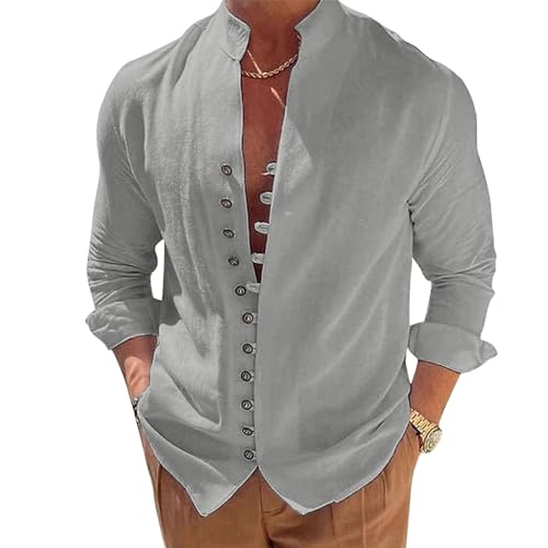 NIBESSER Camicia Lino Uomo Manica Lunga Camicia Uomo Elegante Estiva Camicia Casual Coreana Uomo con Bottoni Tinta Unita Traspirante per Mare Spiaggia Vacanza, Grigio, 3XL