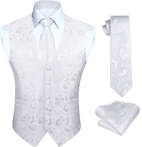 HISDERN Gilet da Uomo Paisley Floreale Jacquard Bianco Gilet Cravatta Fazzoletto da Taschino Set per la Festa Nuziale M