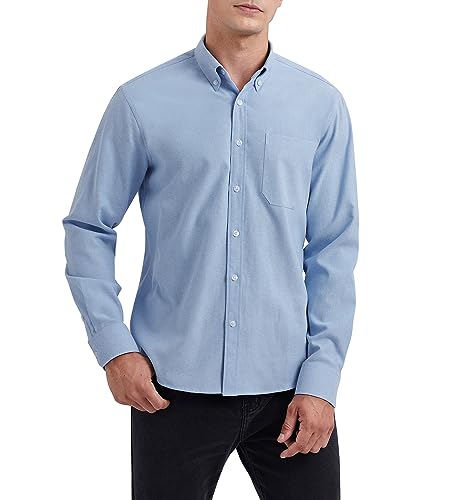 HISDERN Camicia da Uomo a Maniche Lunghe Blu Chiaro Oxford Camicie con Tasche Classiche Casual Cotone Camicia Regular Fit XXL
