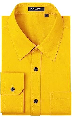 HISDERN Camicia Uomo Maniche Lunghe Camicie Casual Tinta Unita Shirt Regolare Camicia Giallo XL