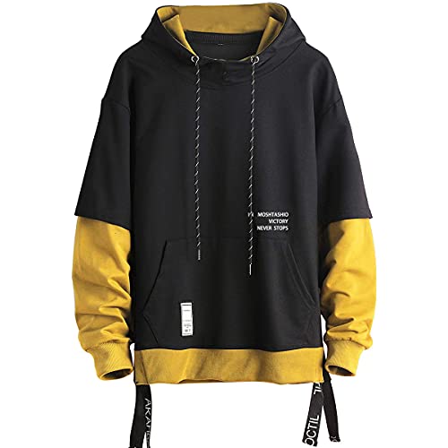 Moshtashio Felpa Uomo con Cappuccio Abbigliamento Felpe Manica Lunga Colori a Contrasto Hoodies Sweatshirt Pullover Tops Autunno Inverno Moda (Giallo, 2XL)