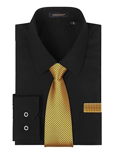 HISDERN Camicia Uomo Nero Manica Lunga Elegante Camicia e Cravatta Casual Camicie Business Formale Camicie Matrimonio Casual con Tasca Regular S