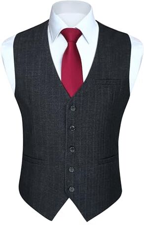 HISDERN Gilet da Uomo Nero Elegante Classico Panciotto Uomo in Cotone Formale Casual Gilets Senza Maniche da Matrimonio con Tasche M