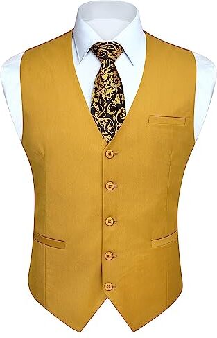 HISDERN Gilet Abito Uomo Gilet Elegante Tinta Unita da Festa di Nozze Cerimonia Panciotto Formale In Cotone per Uomo,Giallo senape,XS