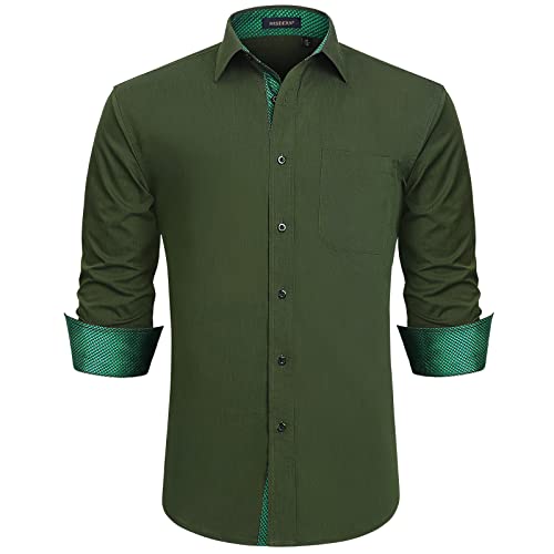 HISDERN Camicia Elegante Verde Militare Manica Lunga Formale Button Down Marrone Plaid da Lavoro alla Moda Colletto Floreale Elegante vestibilità Regolare Camicie Pied de Poule XXL