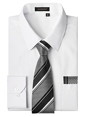 HISDERN Camicia Uomo Bianco Manica Lunga Elegante Camicia e Cravatta Casual Camicie Business Formale Camicie Matrimonio Casual con Tasca Regular L