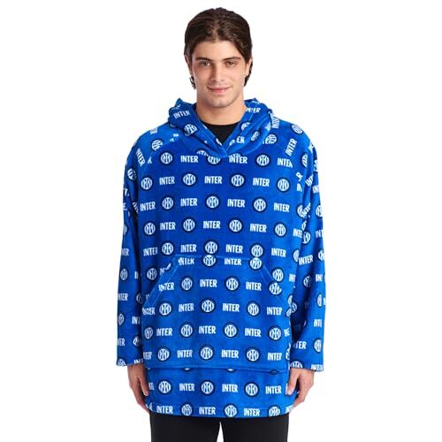 Inter Felpa con Cappuccio Oversize Poncho Coperta Indossabile Gigante, Pullover, Super Confortevole, Tasca Anteriore. Fantasia Nerazzurra Logo Prodotto Ufficiale