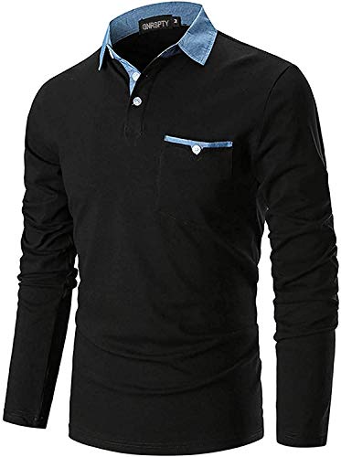 GNRSPTY Polo Manica Lunga Uomo Maglietta Denim Collare Maglia Elegante Cotone T-Shirt Golf Tennis Lavoro Camicia,Nero,M