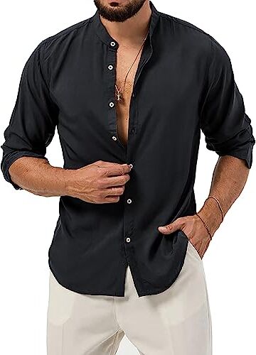 Evoga Camicia Uomo di Lino Manica Lunga Slim Fit Casual Estiva Coreana (XL, Nero)