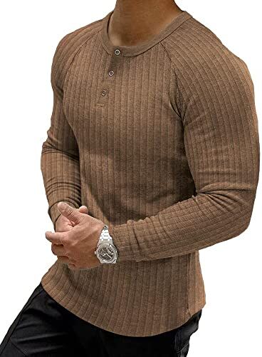 Muscle Cmdr Maglia Uomo Manica Lunga/Corte,Maglia Termica Uomo Manica Lunga,Cotone Camicie Muscolari Slim Fit（Marrone/M）