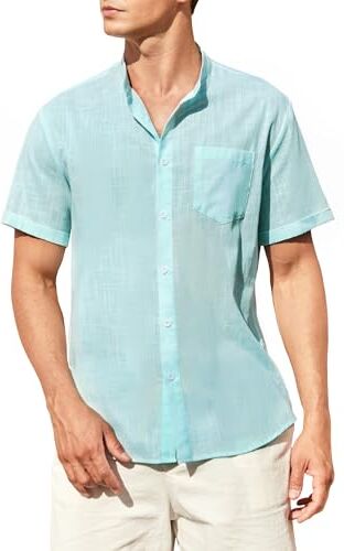 Enlision Camicia in Lino Cotone Uomo Manica Corta Henley Shirt con Bottoni Casual Libero in Tinta Unita Camicia Blu Uomo per Estate Spiaggia Hawaii 3XL