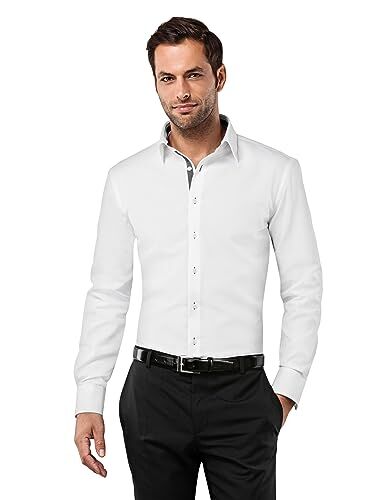 Vincenzo Boretti Camicia Uomo Eleganti, Taglio Aderente/Slim-Fit, Collo Classico, Manica Lunga, in Tinta Unita con Inserti in Contrasto Non Stiro/Non-Iron Bianco/Antracite 39-40