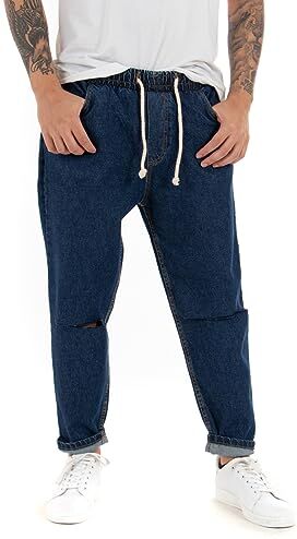 Giosal Pantalone Uomo Jeans Tinta Unita Rotture Elastico Coulisse (Denim Scuro 1, M)