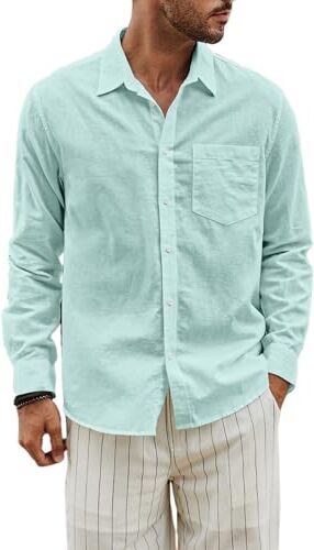 JMIERR Camicia in Lino di Cotone Uomo Maniche Lunghe Casual Camicie Western Regular Fit, Verde2 XL