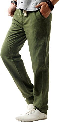 HOEREV Pantaloni Casual da Uomo in Lino,Verde,x-Large