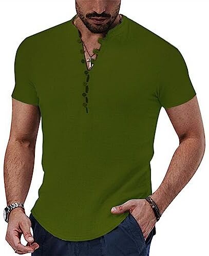 NIBESSER Camicia Lino Uomo Maniche Corte Camicia Uomo Elegante Estiva Camicia Coreana Uomo Casual con Bottoni Henley Shirt Tinta Unita Traspirante per Mare Spiaggia Vacanza, Verde, S