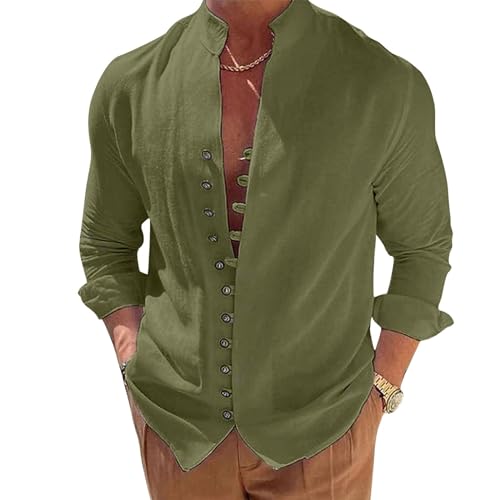 NIBESSER Camicia Lino Uomo Manica Lunga Camicia Uomo Elegante Estiva Camicia Casual Coreana Uomo con Bottoni Tinta Unita Traspirante per Mare Spiaggia Vacanza, Verde Militare, L