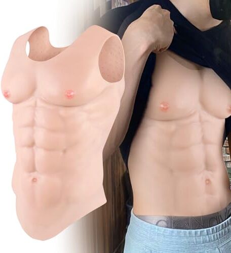 ICEVER Silicone Muscolare Tuta Donne Uomini Realistico Silicone Petto Maschio Fake Muscolo Pancia, Collo rotondo Petto per Cosplay Transgender Party (Avorio, M)