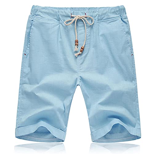 JustSun Pantaloncini Uomo Shorts Lino Cotone Corti Pantaloncini Uomo con Tasche Estivi Blu Cielo XL
