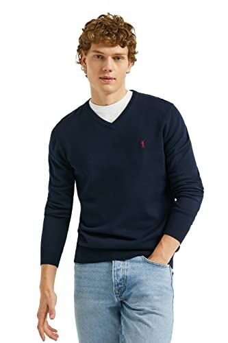 Polo Club Maglione Scollo a V Maniche Lunghe Blu Scuro Uomo Maglioni Pullover V-Neck 100% Cotone