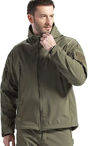 FREE SOLDIER Giacche Militari Softshell da Uomo Fodera in Pile da Esterno Giacca Antivento Impermeabile con Cappuccio Giacche tattiche Calde Multitasche per Escursioni di Caccia (Verde,XL)