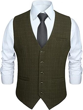 HISDERN verde Gilet Formale da Uomo in Cotone Panciotto Uomo Elegante Casual con Motivo Scozzese a Quadri Estivo