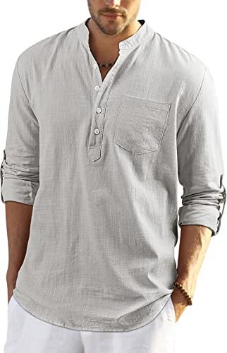 Enlision Camicia Lino Uomo Grigio Chiaro Estate Elegante Casual Maniche Lunghe Henley Shirt con Scollo A V Camicie con Bottoni Spiaggia T Shirt 3XL