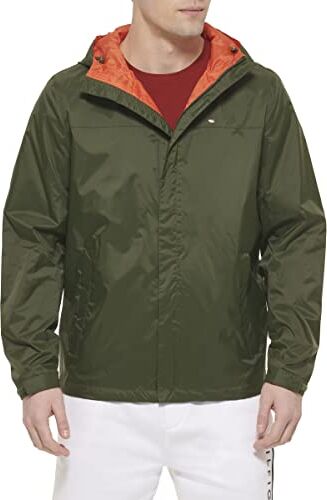 Tommy Hilfiger Giacca con Cappuccio Leggera, Traspirante, Impermeabile, Verde Oliva, L Uomo