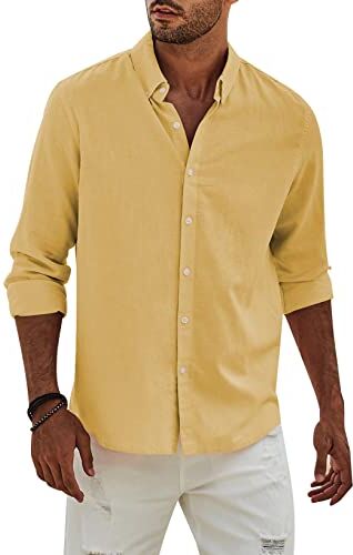 APOONABA Camicia Lino Uomo Manica Lunga Business Cotone Shirts con Bottoni Casual Tinta Unita Classica Elegante Camicia Regular Fit Molla Autunno Estate Giallo L