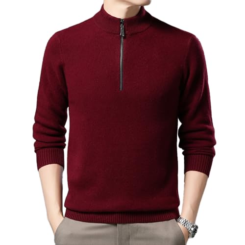 TANYAZ Uomo autunno e inverno lana maglione 1/4 cerniera collo sciolto maglione tinta unita Peplum caldo maglia maglione,Date red,3XL