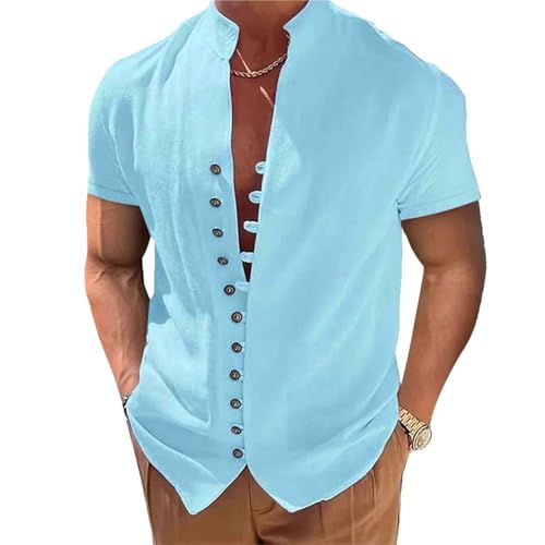 NIBESSER Camicia Lino Uomo Manica Corta Camicia Uomo Elegante Estiva Camicia Casual Coreana Uomo con Bottoni Tinta Unita Traspirante per Mare Spiaggia Vacanza, Maniche Corte- Azzurro, L